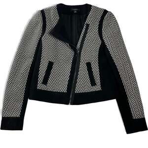 Ann‎ Taylor Black White Herringbone Wool Blend Asymmetrical Moto Jacket Size 2